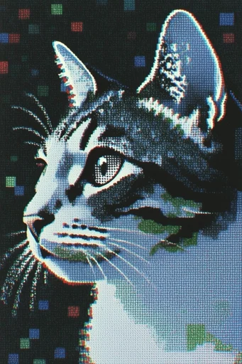 Glitch-Textured Urban Mosaic style reference image — dithered pixel pointillism