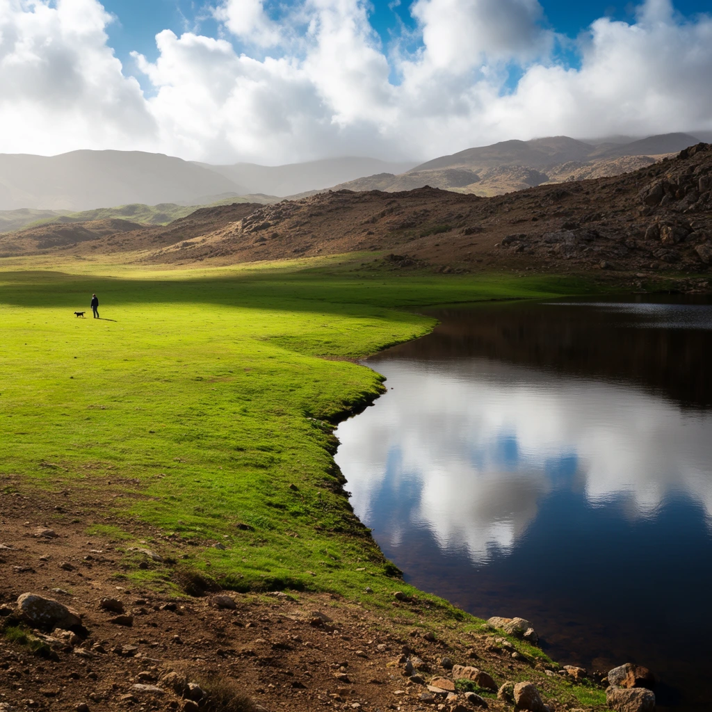 A sweeping landscape features a vibrant green grassy shoreline curving alongside a dark, calm body of water reflecting a bright blue sky filled with dramatic white clouds. On the left, a distant tiny figure walks a small dog across the sunlit meadow, emphasizing the vast scale of the valley. The terrain transitions from lush, brightly illuminated grass to rugged, rocky brown hills that roll into hazy, atmospheric mountains in the background. Sweeping shadows fall across the vivid green turf, contrasting sharply with the sun-drenched patches. The high-definition photography captures earthy textures in the foreground dirt and rocks, while the still water acts as a perfect mirror for the expansive sky, establishing a serene and majestic natural scene.