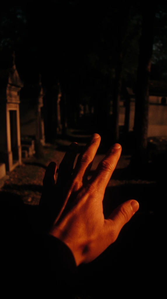 A single hand in the foreground reaches out toward a cemetery path lined with stone tombs and trees, defined by an extreme low-key, cinematic lighting style with intense chiaroscuro. The prominently featured hand is sharply in focus, illuminated from below by an off-screen, intensely warm, amber light source that casts dramatic, heavy shadows across the fingers and skin, emphasizing deep textures and creases. Behind the reaching hand, the composition drops rapidly into deep, pitch-black darkness. The background cemetery elements feature a shallow depth of field, with the stone tombs and tree trunks appearing as soft, out-of-focus shapes swallowed by the surrounding gloom. The highly restricted color palette consists of rich, fiery oranges and glowing skin tones against crushing, absolute blacks, accompanied by very faint, muted earth tones in the distant shadows. The overall rendering mimics high-contrast 35mm film photography with subtle optical grain and a moody, atmospheric visual treatment.