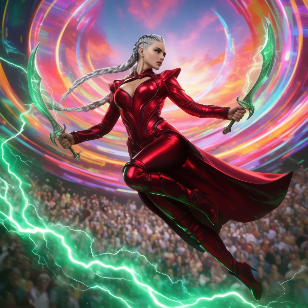 A warrior woman with long silver braids leaps backward dynamically, wielding twin glowing scimitars in a metallic crimson bodysuit. Crackling emerald-green lightning arcs sweep the foreground. A massive blurred stadium crowd watches below against an abstract backdrop of luminous neon rings and a vibrant sky.