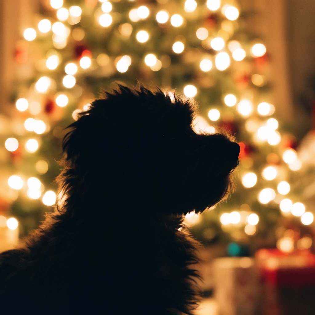 dark silhouette of a fluffy dog sitting in profile, backlit by a blurred Christmas tree, glowing warm string lights, soft circular bokeh, shallow depth of field