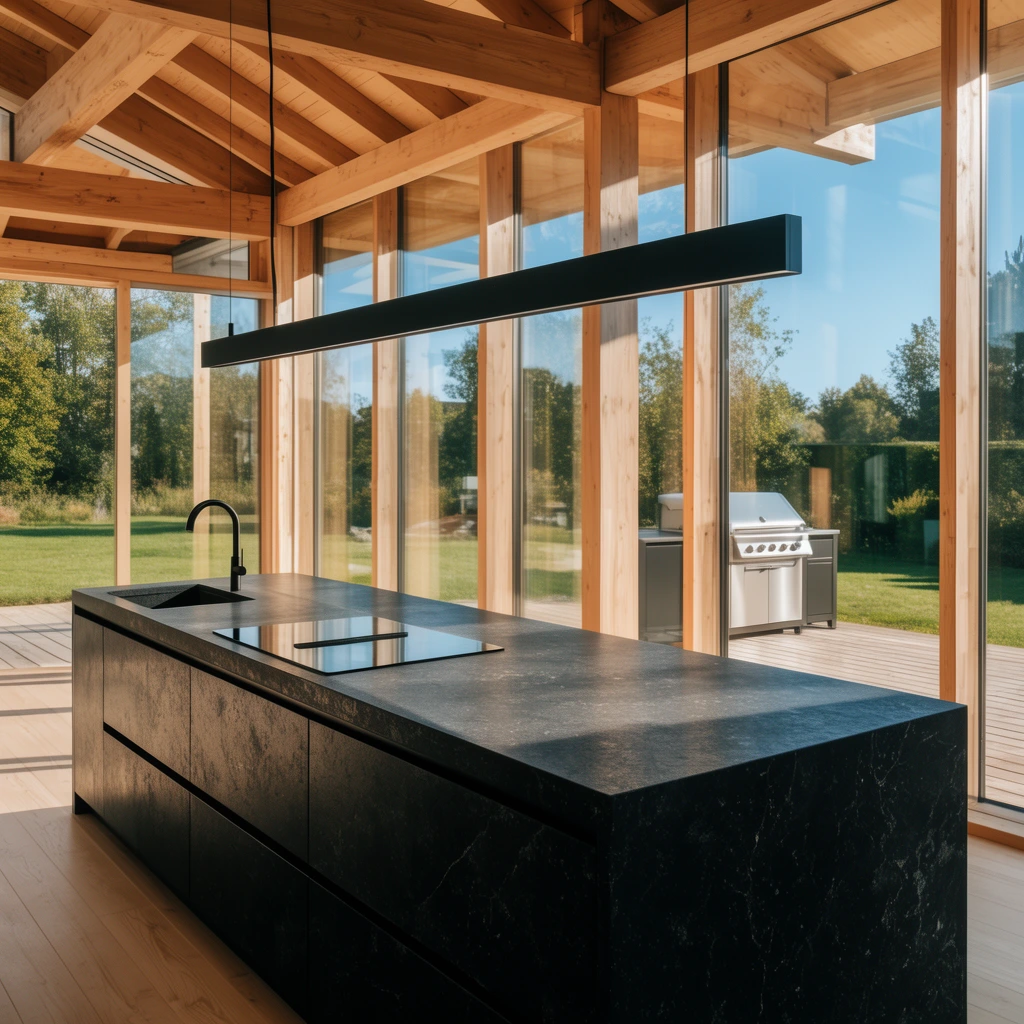 massive black stone kitchen island, matte black curved faucet, flush glass stovetop, long rectangular black pendant light, exposed light wood structural beams, floor-to-ceiling glass windows, light wood flooring, warm natural sunlight casting sharp geometric shadows, exterior wooden deck with stainless steel barbecue grill, green yard, trees, blue sky, architectural photography, deep depth of field, high contrast