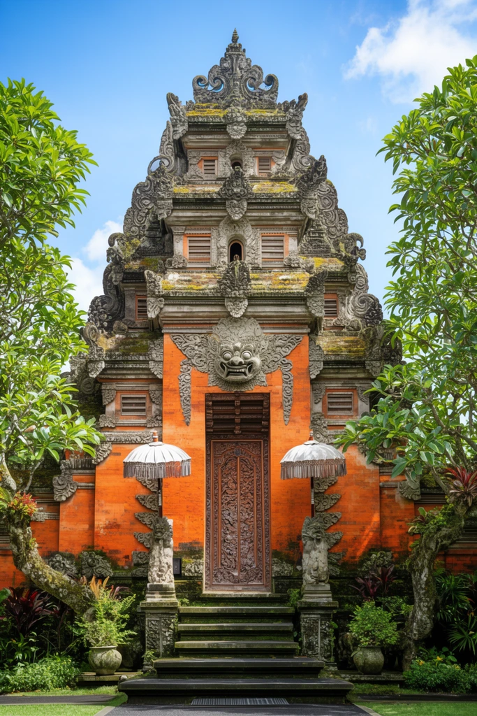 An ornate, multi-tiered traditional temple gate stands symmetrically framed by lush green trees under a bright blue sky. The towering structure features weathered gray stone carvings speckled with moss, resting on a vibrant orange brick base. A highly detailed wooden door is guarded from above by a fierce, sculpted stone face. Two decorative parasols flank the central entrance. Natural, sunlit photography highlights the rich textures of the carved masonry and the vivid tropical foliage framing this majestic architectural centerpiece.