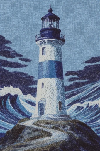 Dithered Noir Alpine style reference image — limited indigo palette