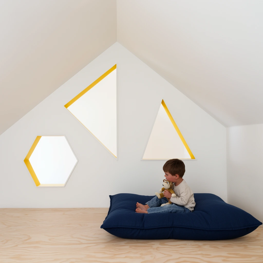 young boy holding a stuffed animal on a dark blue floor cushion, minimalist white room, pitched ceiling, light plywood floor, geometric triangle and hexagon wall cutouts with bright yellow inner edges, soft diffuse natural lighting