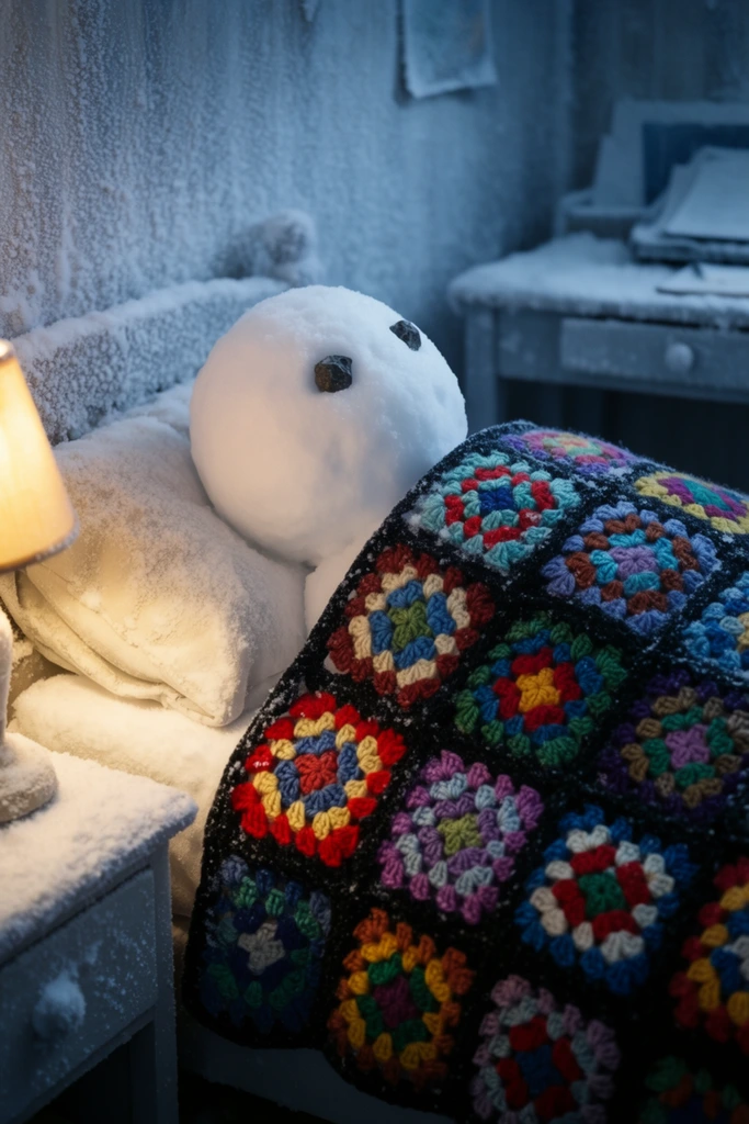 A snowman rests its round head on a frosty pillow, tucked tightly beneath a vibrant crocheted granny square blanket. The pristine snow face features two simple, dark, coal-like eyes. The thick afghan displays brightly colored squares of red, blue, green, yellow, and purple yarn stitched with black borders. On the left, a small bedside lamp casts a warm yellow glow over a snow-covered nightstand. The surreal indoor setting has a frozen atmosphere, featuring a heavily frosted wall and a slightly blurred, snow-draped desk in the background. Cinematic lighting sharply contrasts the cozy, warm lamplight against the cool, bluish ambient shadows of the chilly room. The medium close-up camera angle uses a shallow depth of field to highlight the soft, intricate yarn textures directly against the cold, granular snow.