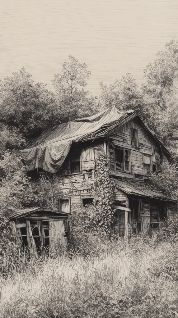 A monochromatic pen-and-ink illustration of a weathered wooden house engulfed by dense vegetation. The dilapidated two-story structure features a sagging roof draped with a heavy tarp, shadowed windows, and climbing vines. A ruined outbuilding rests nearby in tall wild grasses. Intricate cross-hatching heavily textures the surrounding trees and shrubs. The highly detailed rural landscape is set against a flat, off-white sky patterned with faint horizontal hatching.