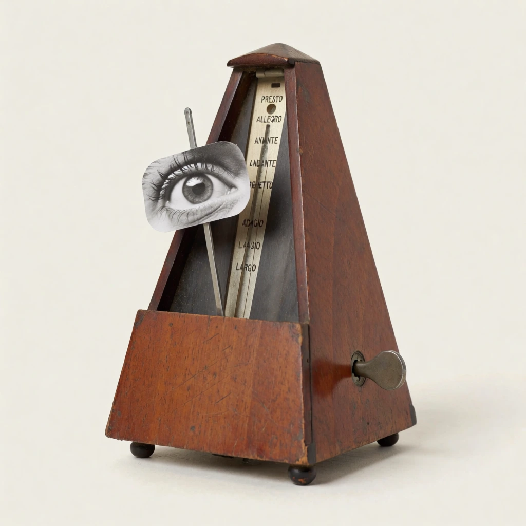 A vintage, pyramid-shaped wooden metronome stands against a flat, off-white background with a small black and white cutout of a human eye attached to its metal pendulum. The metronome's body is made of aged, reddish-brown wood showing visible surface scratches and wear, resting on four small, dark, rounded feet. The front panel is partially open, revealing a vertical wooden strip inside that features several musical tempo markings in a small, dark, serif font, including words such as "PRESTO", "ALLEGRO", "ANDANTE", "LARGHETTO", "ADAGIO", and "LARGO". A thin metal rod, the pendulum, extends upward from the base and is positioned at a slight angle to the left. Clipped to this rod is a rounded rectangular piece of paper featuring a monochrome photograph of a wide-open human eye, complete with detailed eyelashes and a clear iris. On the right side of the wooden casing, a small metal winding key with a circular grip is inserted into a keyhole. The lighting is soft and diffused, originating from the upper left, casting a subtle shadow on the light-colored surface beneath and to the right of the object. The composition is a direct, eye-level studio photograph, focusing entirely on the singular object as it sits slightly off-center in the frame.