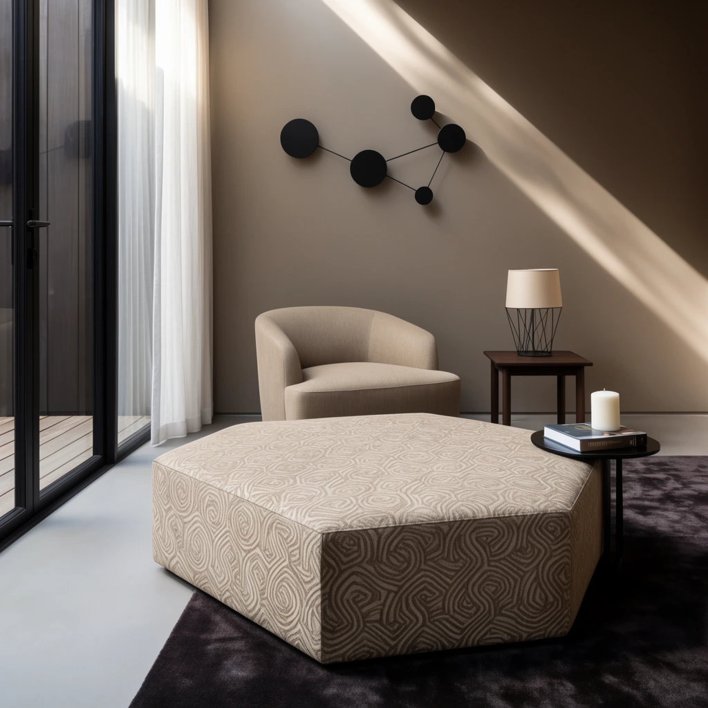 A minimalist interior centered on a large, polygonal ottoman upholstered in beige fabric with a swirling geometric pattern. Behind it rests a curved beige armchair and a dark wood side table holding a wire-based lamp. An asymmetrical black wall fixture with flat circular discs connected by thin rods hangs on the warm taupe wall. A small black table beside the ottoman displays a hardcover volume and a white pillar candle. The space features smooth light gray flooring and a dark plush area rug. On the left, black-framed glass doors open to a wooden deck, softened by a sheer white curtain. Crisp natural sunlight streams from the top left, casting sharp diagonal shadows across the wall and furniture, emphasizing the serene, clean architectural lines and textured fabrics.