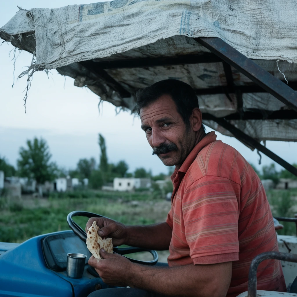 A middle-aged man with weathered skin and a thick mustache sits in the open cab of a blue tractor, glancing over his shoulder directly at the lens. He wears a faded, reddish-orange striped polo shirt and holds a piece of torn flatbread in his hands. A small metal cup rests near the steering wheel. The tractor features a makeshift canopy made from a weathered, repurposed white woven sack stretched over a dark metal frame. Behind him, a softly blurred rural landscape reveals green vegetation, scattered trees, and small white dwellings under an overcast sky. The documentary-style portrait utilizes a shallow depth of field and cool, diffused natural daylight, creating a cinematic contrast between the muted rural background and the warm tones of the man's shirt.