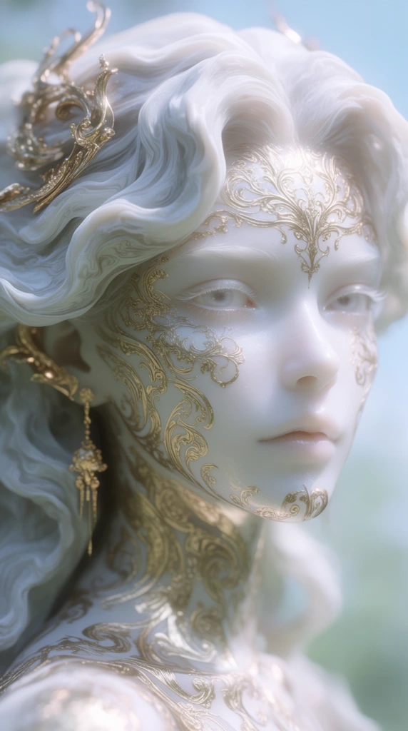 close-up portrait of an ethereal pale figure, skin resembling smooth luminous porcelain, intricate metallic gold filigree patterns adorning the face and neck, wavy sculpted white hair with a marble-like texture, delicate facial features, pale eyes looking slightly off-camera, gold ornamental hair accessories, gold dangling earring, soft high key lighting, ethereal fantasy aesthetic, shallow depth of field, soft bloom effect, blurred light blue and soft green background, highly detailed 3D render style