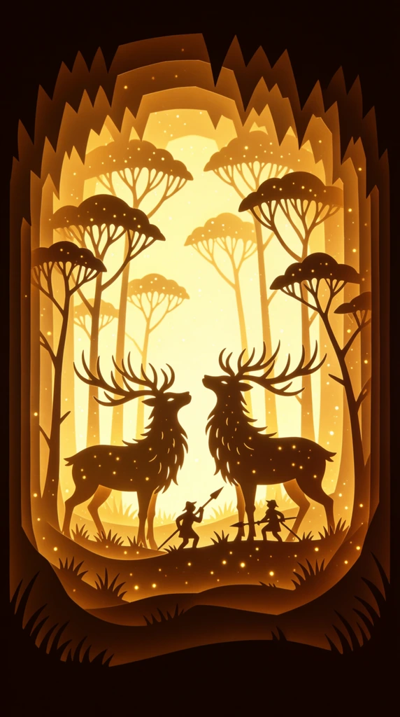 multilayered papercut silhouette, two giant mystical stags, tiny spear-wielding hunters, slender umbrella-shaped trees, jagged cave framing, glowing golden-yellow backlight, floating spark particles