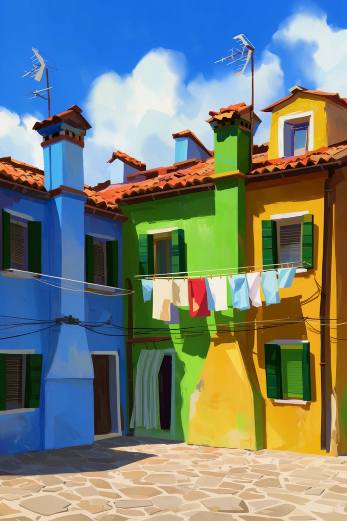 vibrant sunlit Mediterranean courtyard, stylized digital painting, colorful stucco buildings in blue, bright green, and mustard yellow, terracotta roof tiles, dark green shutters, clothesline with hanging laundry casting sharp shadows, electrical wires spanning facades, television antennas against a bright blue sky with fluffy clouds, stone paving, strong directional sunlight, expressive brushwork