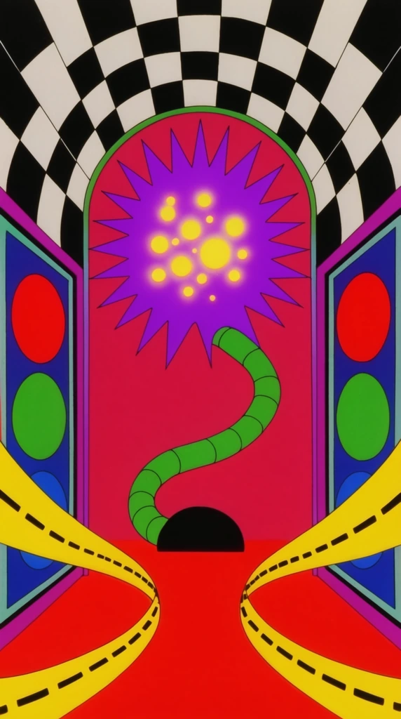 A vividly colored psychedelic illustration features a central jagged purple burst enclosing glowing yellow spheres. A segmented green tube winds downward from the burst, resting on a bright red ground and ending in a black semi-circular cap. The central scene is framed by an archway against a black and white checkerboard sky. Curving symmetrically from the bottom center are sweeping yellow ribbons detailed with dashed black markings. The composition is flanked by receding rectangular panels containing bold solid red, green, and blue circles. The graphic aesthetic utilizes flat neon colors, sharp outlines, and surreal geometric symmetry characteristic of vintage pop-art animation.