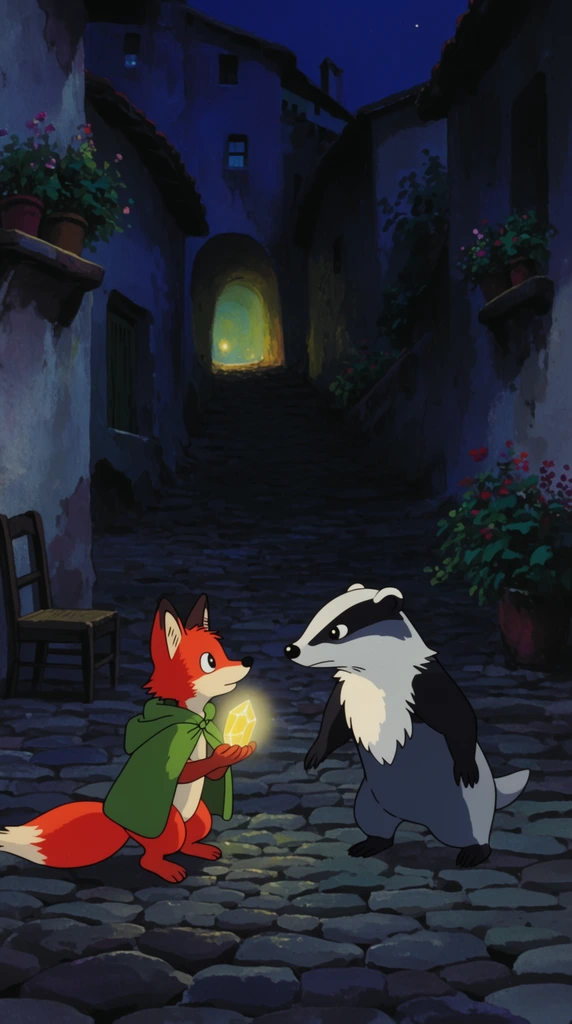 anthropomorphic red fox in a green cloak holding a glowing yellow crystal facing a silver badger, dark steep cobblestone street, European village at night, stucco buildings, glowing light spilling from an arched tunnel, potted plants on ledges, wooden chair, 2D traditional cel animation, vintage anime style, hand-painted gouache background, deep indigo and atmospheric night lighting
