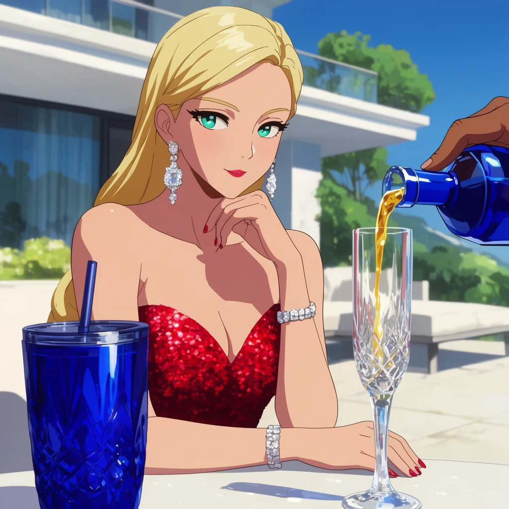 A blonde woman in a red sequined gown and diamond earrings rests her chin on her hand in a 2D cel-shaded anime style. Beside a heavy cobalt tumbler, a hand pours golden liquid from a blue bottle into a crystal flute. A bright sunlit modern white patio fills the background.