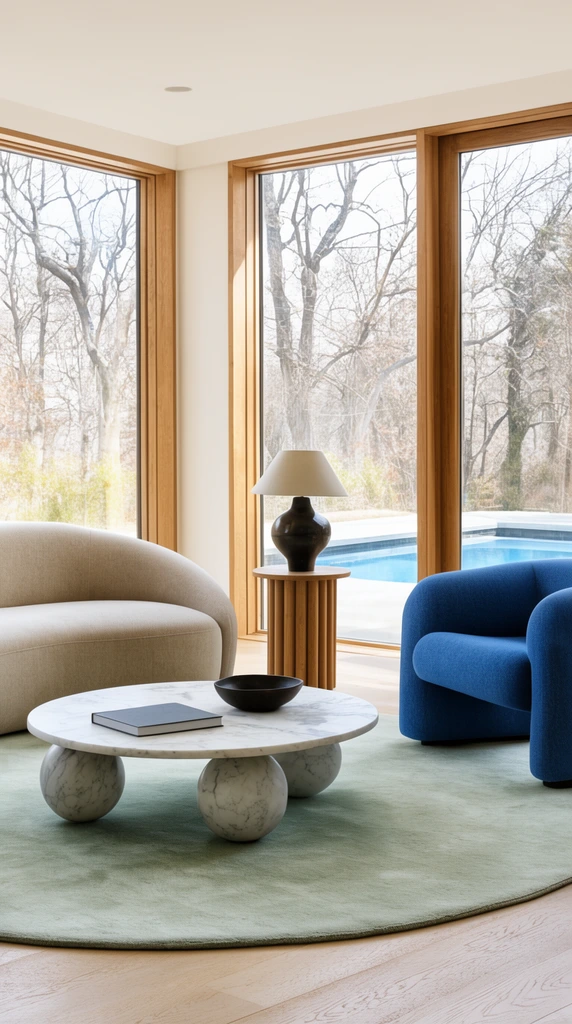 A modern, sunlit living room with a curved beige sofa and a chunky blue armchair on a pale green rug. A round marble coffee table on spherical legs sits centrally holding a book and dark bowl. A fluted wooden side table displays a dark bulbous lamp. Large wood-framed windows reveal bare trees and a pool. Natural daylight fills the minimalist, high-end space.