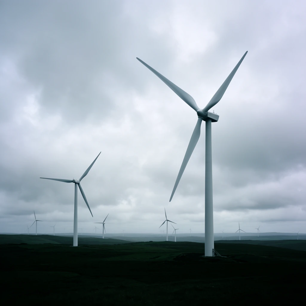 Towering white wind turbines punctuate a vast, dark green rolling landscape beneath an overcast sky. A massive three-bladed turbine dominates the right foreground, its sleek cylindrical tower anchoring the right side. A second prominent turbine stands mid-left, while smaller silhouettes fade into the hazy horizon. The low horizon line emphasizes an expansive sky filled with heavy, layered gray clouds. The muted, cool color palette and diffuse lighting contrast the massive modern geometric structures against the deep shadows of the natural earth.