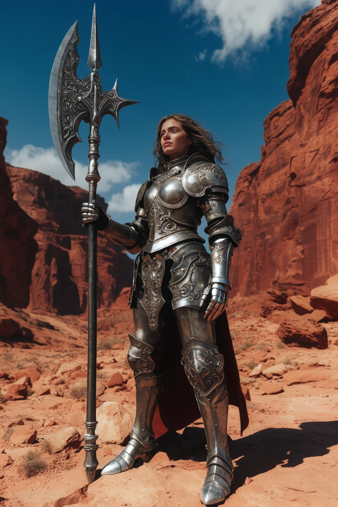 tall female warrior, ornate heavy silver plate armor, holding massive steel halberd, standing stoic, gazing into distance, desolate rocky desert canyon, towering red sandstone cliffs, bright midday sun, deep harsh shadows, vibrant cinematic color palette, high contrast fantasy film aesthetic, wide angle landscape shot, ultra detailed