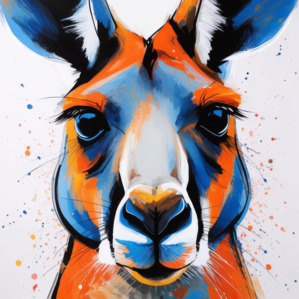 A vibrant mixed-media close-up of a stylized kangaroo face defined by bold black contours. Striking orange, deep blue, and stark white hues shape its large eyes and snout. Energetic paint splatters and sweeping brushstrokes radiate across a plain white background.