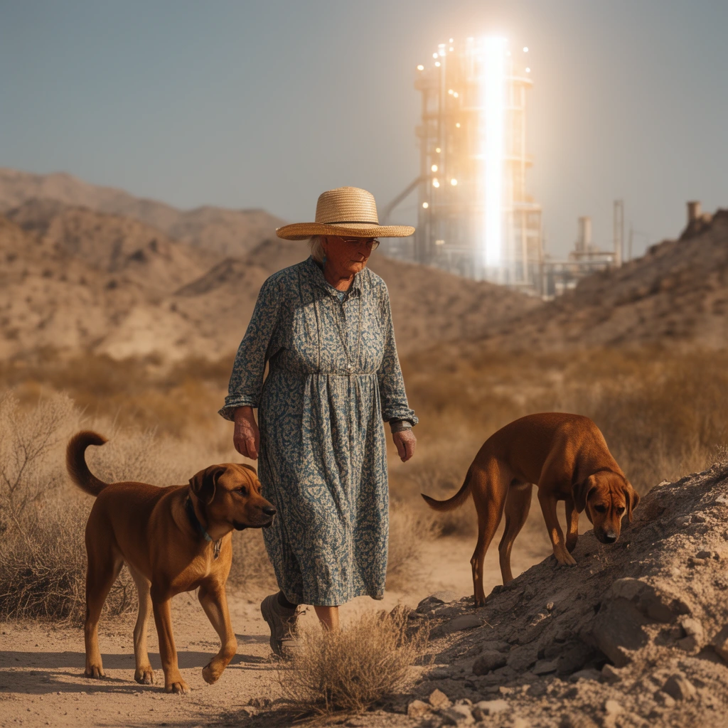 An older woman in a wide-brimmed straw hat and long patterned dress walks through a dusty desert landscape with two brown short-haired dogs. One dog walks beside her while the other sniffs near a rocky mound. The arid terrain is covered in dry scrub brush. In the background, barren hills lead to a tall, intensely glowing industrial tower radiating bright white light. The photographic scene features warm golden hour lighting and telephoto compression.
