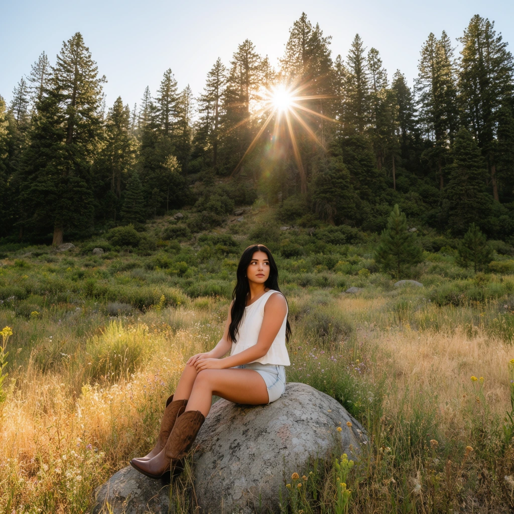 A young woman sits on a large gray boulder in a sprawling wildgrass meadow. She features long dark hair, looking off to the side, and wears a white sleeveless top, light denim shorts, and tall brown cowboy boots. The field is textured with dry yellow grass, green brush, and scattered wildflowers. Behind her, a dense forest of evergreen trees ascends a hillside. The sun bursts directly through the upper tree canopy, creating a sharp starburst lens flare and casting warm golden light across the landscape against a clear pale blue sky. The wide-angle composition captures a crisp, natural photographic style.