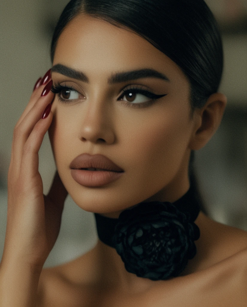 A cinematic close-up beauty portrait of a woman with dark hair pulled smoothly back, gazing off-camera to the left. Her right hand rests delicately against her cheek and temple, displaying glossy dark red manicured nails. She features sharp winged eyeliner, full matte lips, and defined eyebrows. A thick black fabric choker featuring a large, textured floral rosette adorns her neck above bare shoulders. The softly blurred, neutral-toned background enhances the diffused, moody lighting and pronounced vintage film grain texture.