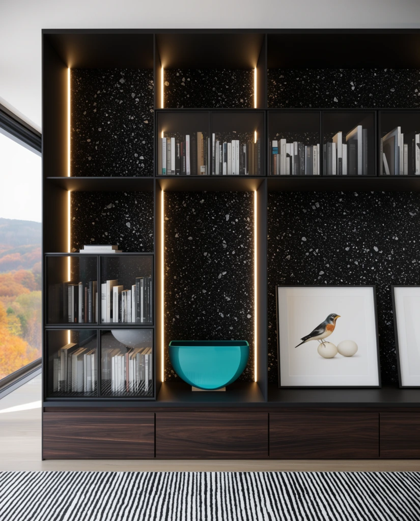 modern matte black built-in shelving, black terrazzo back panel, warm vertical LED lighting, glass-enclosed books, vivid teal semi-circular bowl, framed bird and egg art on a dark wood base, adjacent window revealing autumn hills, black and white striped rug, architectural interior photography, luxury minimalist aesthetic