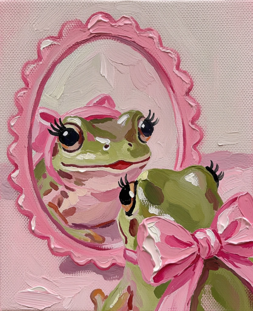 An oil painting on a textured canvas depicts a green frog looking at its reflection in an oval, pink, frilly-edged mirror. The frog, positioned in the lower right foreground with its back partially to the viewer, is a light olive green color and wears a large, bright pink bow tied around its neck. Only the back of the frog's head, showing its dark eyes with long, thick black eyelashes, and the large pink bow are visible in the foreground. Its reflection in the pink-framed mirror shows the frog's face front-on, featuring large, round, dark eyes with white highlights and prominent black eyelashes, a small red mouth, and a pink headband that matches the color of the bow. The mirror has a decorative, scalloped pink frame and is set against a pale, desaturated pink background that shows a heavy canvas texture. The lighting is soft and even, highlighting the impasto technique where thick paint creates visible brushstrokes and physical texture, particularly on the mirror frame and the frog's features. The color palette is dominated by various shades of pink and green, creating a soft, whimsical, and feminine aesthetic.