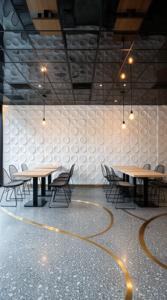 A modern dining interior featuring a dimensional white accent wall with raised circular motifs contrasting against a highly reflective dark grid ceiling. Light wood tables and wireframe chairs rest on grey speckled terrazzo floors accented by sweeping brass inlays, illuminated by warm bare pendant bulbs.