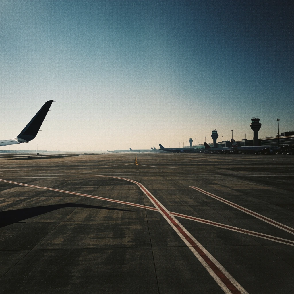 expansive airport tarmac, dark textured concrete foreground, diagonal red and white painted taxiway lines, dark airplane wingtip entering left frame, distant terminal silhouette, air traffic control towers, parked commercial aircraft, hazy pale horizon, deep blue gradient sky, heavy film grain, high contrast silhouettes, melancholic cinematic atmosphere, vintage color grading