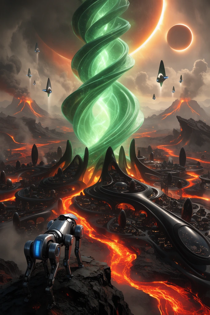 A colossal glowing green helix hovers over a sprawling black obsidian settlement on a volcanic planet. Bright magma rivers flow through organic, curved architecture. In the foreground, a metallic quadruped robot with blue vents observes from a precipice. Teardrop aircraft dart through an ash-filled sky beneath eclipsed moons. High-contrast cinematic lighting highlights vivid green and orange tones in this wide panoramic sci-fi vista.