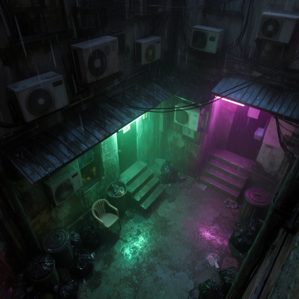 high-angle view of a dark gritty urban alleyway in heavy rain, vibrant green and magenta neon lights reflecting on wet concrete, building walls clustered with exterior air conditioning units, metal awnings, hanging cables, small lower courtyard with short stairs, scattered black garbage bags, trash cans, lone plastic chair, volumetric lighting illuminating falling raindrops, photorealistic urban decay, highly detailed cinematic rendering