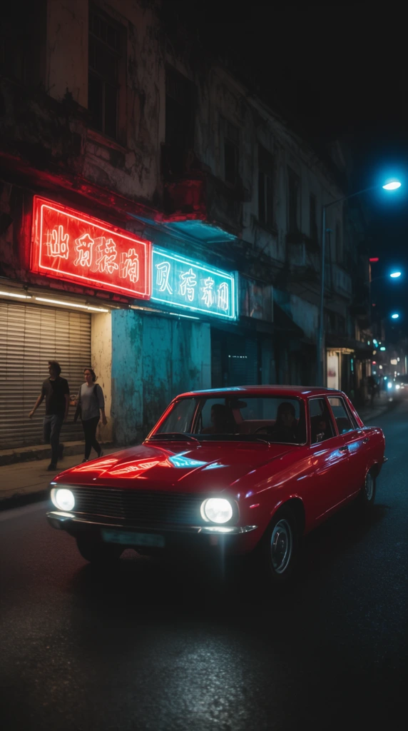 A glossy vintage red sedan drives along a dark asphalt street under bright headlights. Weathered multi-story buildings frame the road, adorned with overhanging red and cyan neon displays reflecting vividly onto the car. Two pedestrians walk along a lit sidewalk next to a slatted storefront. The cinematic night photography captures a high-contrast urban aesthetic with deep shadows, rich luminous colors, and glowing blue street lamps.