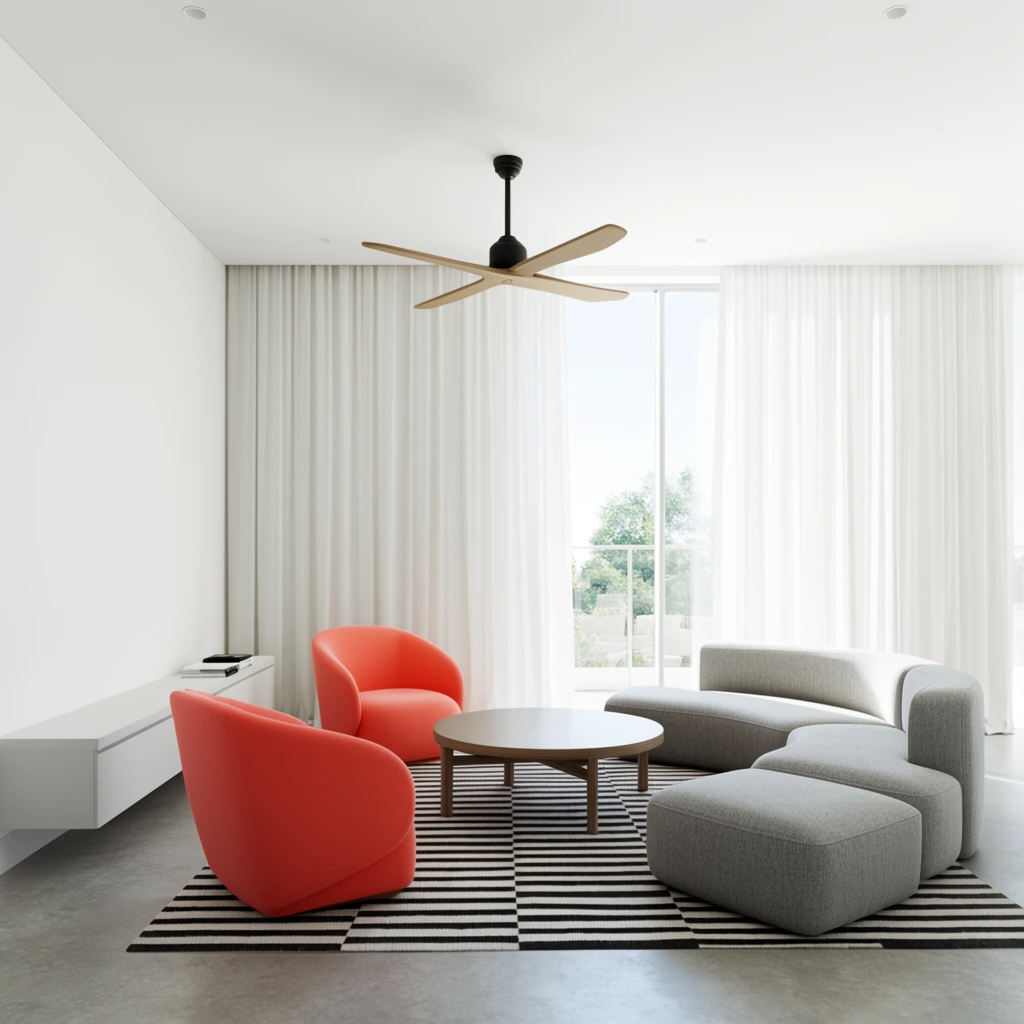 modern minimalist living room, two vibrant coral armchairs, round coffee table on striped rug, curved grey modular sofa, white floor-to-ceiling drapes, floating console, cross-shaped ceiling fan, bright natural daylight, architectural render