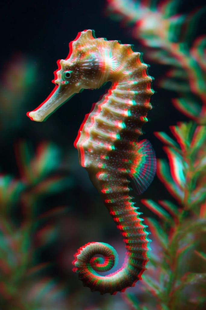 seahorse in profile facing left, curled tail, heavy 3D anaglyph stereoscopic effect, vivid red and cyan chromatic aberration, blurred underwater plants, macro photography, glitch aesthetic