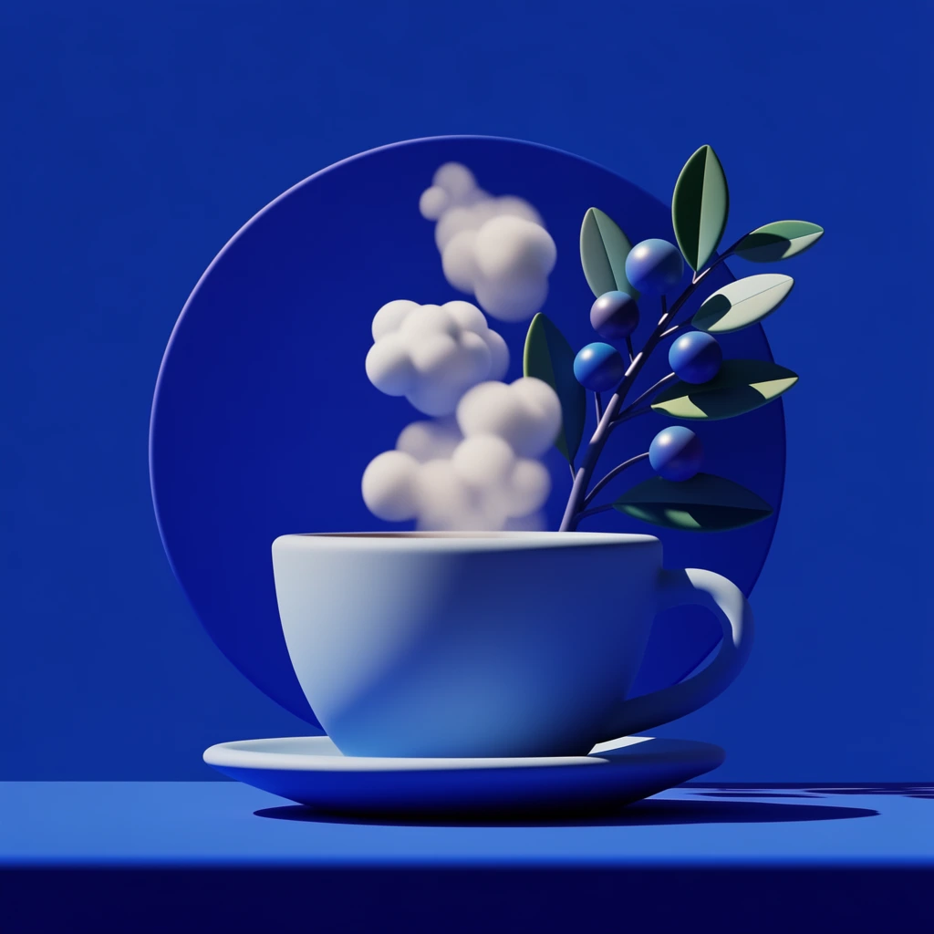A stylized, high-fidelity 3D render of a single cup of steaming liquid on a saucer resting on a flat surface, framed by a large geometric circle and a leafy branch with berries against a solid, vibrant ultramarine blue background. The cup, saucer, and flat surface feature smooth, pristine, matte textures mimicking premium vinyl designer toys or digital clay. Volumetric steam rises from the cup, constructed of thick, fluffy, stylized cloud-like puffs with soft, rounded forms. Directly behind the cup stands a large, perfectly flat, graphic circle anchoring the centered composition. A sleek, stylized leafy branch arcs nearby, adorned with perfectly spherical, glossy berries that appear as crisp, precisely placed geometric accents. Intense, clear directional sunlight strikes from the upper right, casting sharp, deeply contrasted shadows across the matte surfaces while carving out bright rim highlights on the edges of the cup and leaves. The deep, highly saturated cobalt blue environment surrounds the vibrant, stylized elements in a flawless, noise-free, hyper-clean aesthetic typical of premium commercial motion graphics.