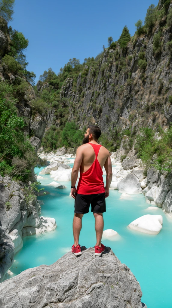 A bearded man stands on a rugged grey boulder overlooking a spectacular canyon, his back to the camera as he gazes into the distance. He wears a vibrant red stringer tank top with deep back cutouts, black athletic shorts, and red sneakers. Below him, a winding river of striking, opaque turquoise water flows through the gorge, dotted with large smooth white rocks. The steep canyon walls rise on both sides, featuring sheer jagged grey cliffs sparsely covered with green trees and hardy shrubs. Bright, direct midday sunlight illuminates the vibrant contrasting colors of the red clothing and cyan water against the clear blue sky, captured in a sharp wide-angle travel photography style.