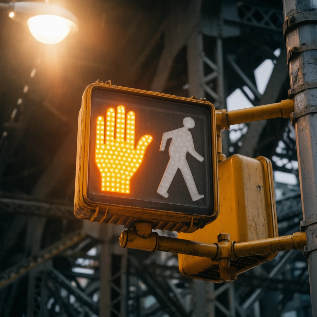 A close-up cinematic view captures a weathered yellow pedestrian crossing signal glowing warmly against a blurred backdrop of dark steel girders. The rectangular signal displays a brightly illuminated amber hand symbol formed by dense LED dots, sitting adjacent to an unlit white walking figure silhouette. Heavy yellow mounting brackets attach the housing to a rugged metal pillar. A bright overhead streetlamp in the upper left casts a hazy, warm lens flare across the scene, highlighting the gritty urban atmosphere through a shallow depth of field and a contrasting amber and slate-gray color palette.