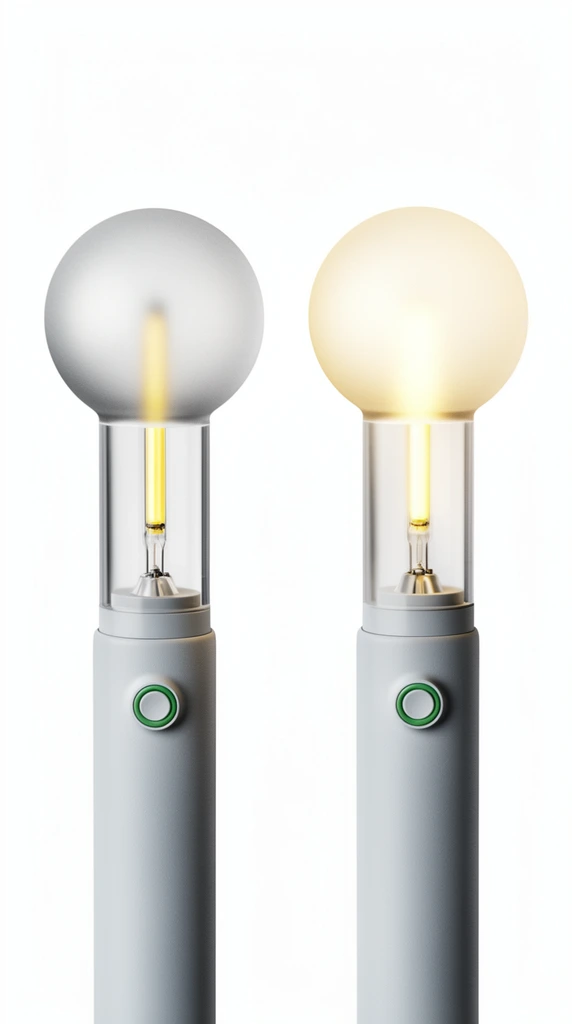 two minimalist handheld lamps on a pure white background, left lamp featuring a frosted spherical diffuser above a clear cylindrical neck showing a vertical yellow filament, matte light-grey handle with a green-ringed button, right lamp fully illuminated with its frosted sphere glowing warm yellow, identical grey base, modern industrial design, sleek studio product photography, hyper-realistic
