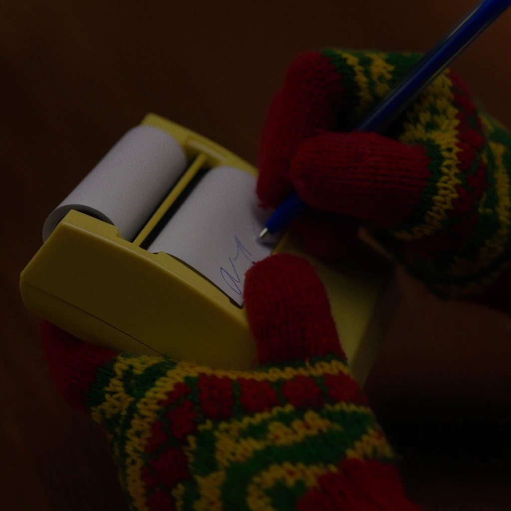 Hands wearing thick knit winter gloves with vibrant red, green, and yellow geometric patterns write on a white paper roll dispensed from a yellow plastic holder. One hand grasps the retro device while the other presses a blue pen to the paper. The tight close-up features shallow depth of field, fading into a dark, shadowy brown background. The cinematic, low-light composition emphasizes the contrasting textures of chunky yarn and smooth plastic with a subtle film grain aesthetic.