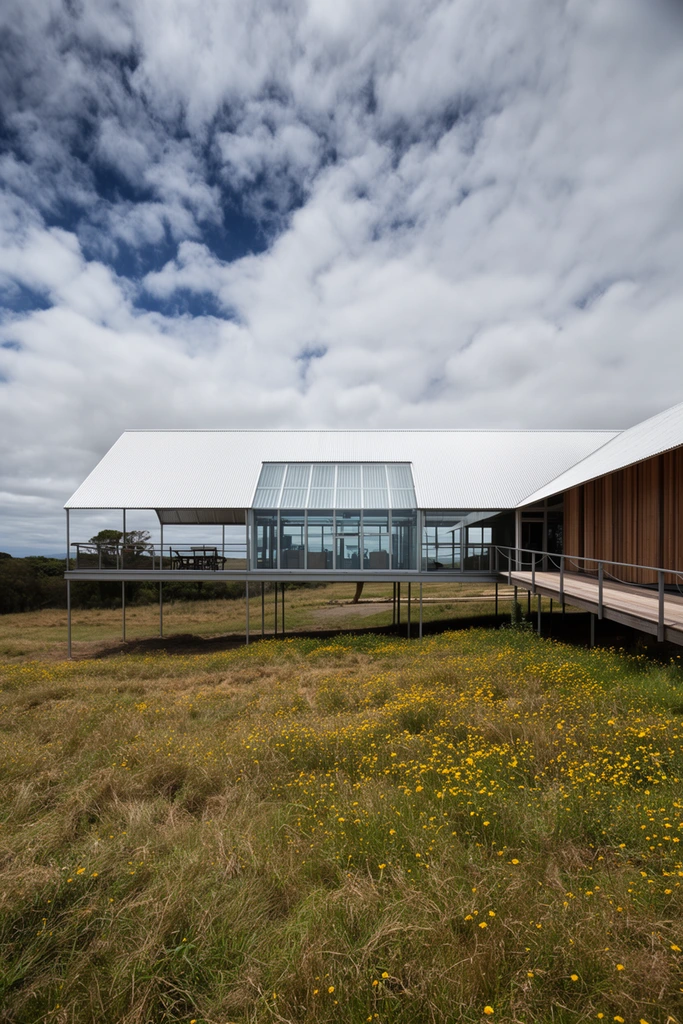 A modern elevated building with a white corrugated metal roof spans a glass-enclosed center and an open deck in a grassy field beneath a cloudy sky. Thin pillars lift the structure above yellow wildflowers and dry grass, with a wooden ramp leading to a timber-clad wing. The wide-angle architectural photography uses natural daylight to highlight the industrial materials against the rugged rural landscape.