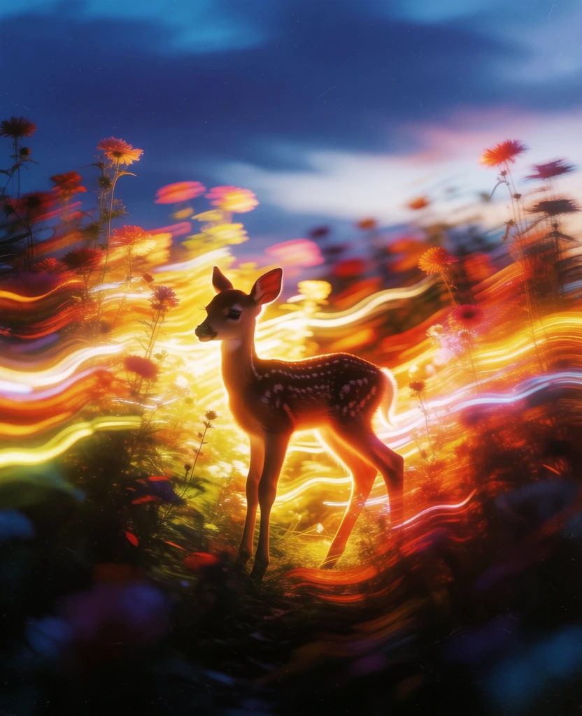 a silhouette of a young fawn standing in a dense thicket of flowers, long exposure photography with ethereal light painting, vibrant golden and fiery orange light streaks blurring horizontally between the fawn and the flora, deep indigo and violet twilight sky backdrop, cinematic film grain, high contrast silhouettes against luminous energy, soft focus, kinetic motion blur, dreamy surrealist aesthetic, analog film texture with rich saturation and hazy glowing streaks.