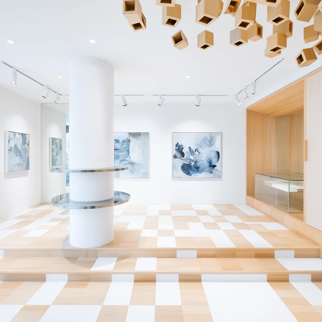 modern minimalist gallery interior, light wood and white checkerboard floor with stepped elevation, pristine white walls, thick white cylindrical pillar featuring two floating circular metallic ring shelves, framed abstract paintings in blue and gray tones, white track spotlights aiming at the art, small hollow wooden geometric cubes suspended from the ceiling, wooden built-in alcove on the right with a glass display case, mirrored wall reflection, bright high-key lighting, clean architectural photography, wide-angle perspective