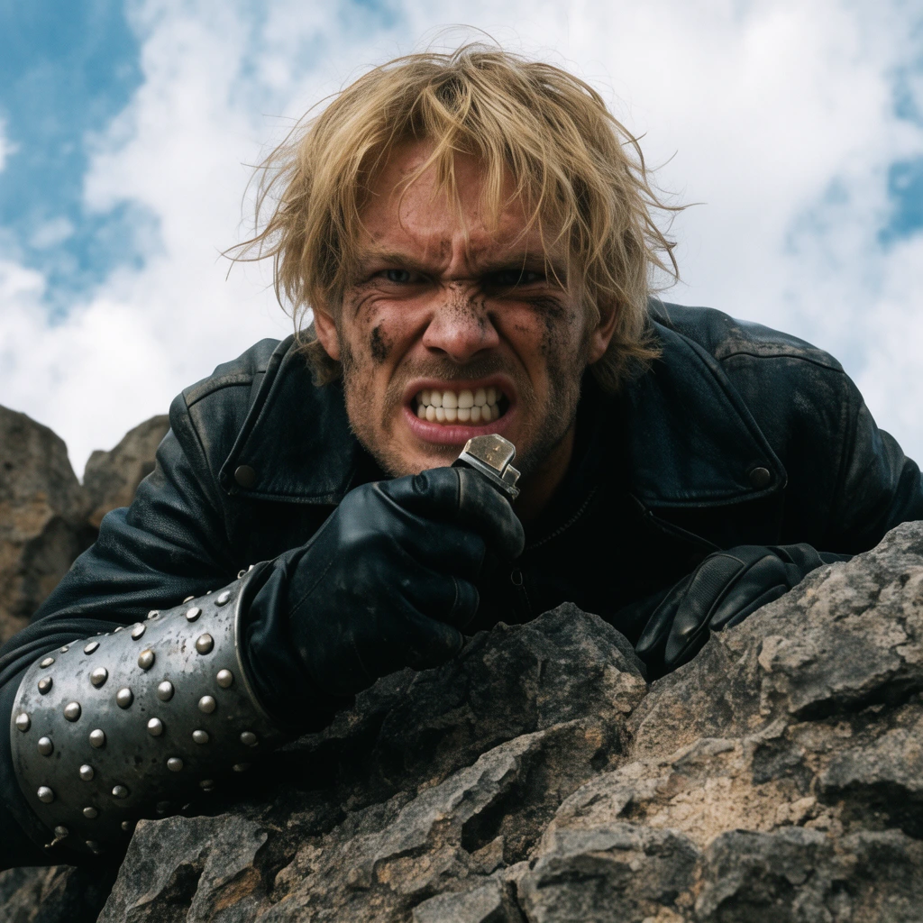 A low-angle cinematic close-up of a rugged man peering over a jagged rock formation against a partly cloudy sky. He has messy blond hair, a dirt-smudged face, and grimaces intensely with gritted teeth. Wearing a black leather jacket with a studded metal forearm gauntlet and black gloves, he holds a small metallic object near his mouth. Natural daylight highlights the rough textures of the stone and leather in this gritty composition.