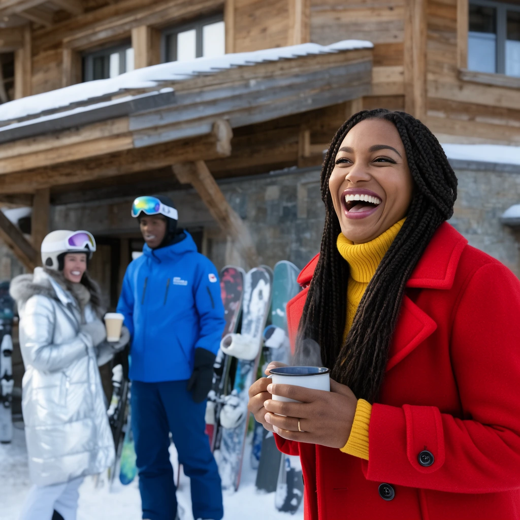 A female park ranger in a bright red wool peacoat and yellow turtleneck laughs heartily, leaning into the right foreground of a widescreen cinematic shot. She has long dark braids and holds a steaming mug. Behind her in the softly blurred background is a snowy alpine ski lodge with timber walls and leaning snowboards. To the left, a ski instructor in a blue parka and a tourist in a silver coat stand under a snow-dusted awning. The crisp winter daylight highlights the vibrant textures and emphasizes the shallow depth of field.