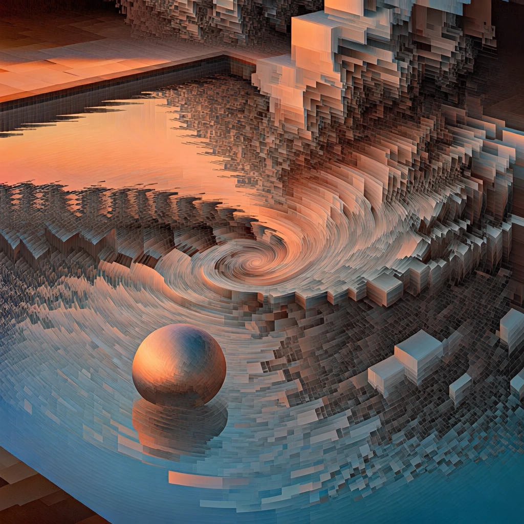 digital glitch art, rectangular swimming pool with a floating metallic sphere, extreme pixel sorting, central vortex spiral warping, voxelized geometric block extrusions, sunset color palette of warm peach and deep cerulean blue, jagged architectural textures, surreal digital abstraction, high-contrast lighting, intricate 3d depth, rhythmic pixelated fragmentation, sophisticated generative glitch aesthetic