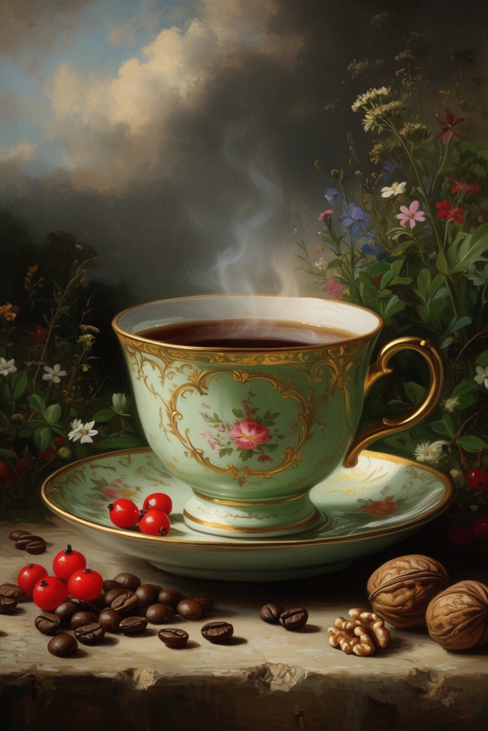 A classical oil painting of an ornate light green porcelain teacup with gold trim and floral motifs resting on a matching saucer. Delicate steam rises from the dark liquid inside. The set sits on a weathered ledge scattered with roasted coffee beans, bright red berries, and whole walnuts. Lush foliage and wildflowers frame the background against a dramatic, moody cloudy sky. Chiaroscuro lighting highlights the fine brushwork, contrasting the elegant tableware with a rustic, romantic atmosphere.
