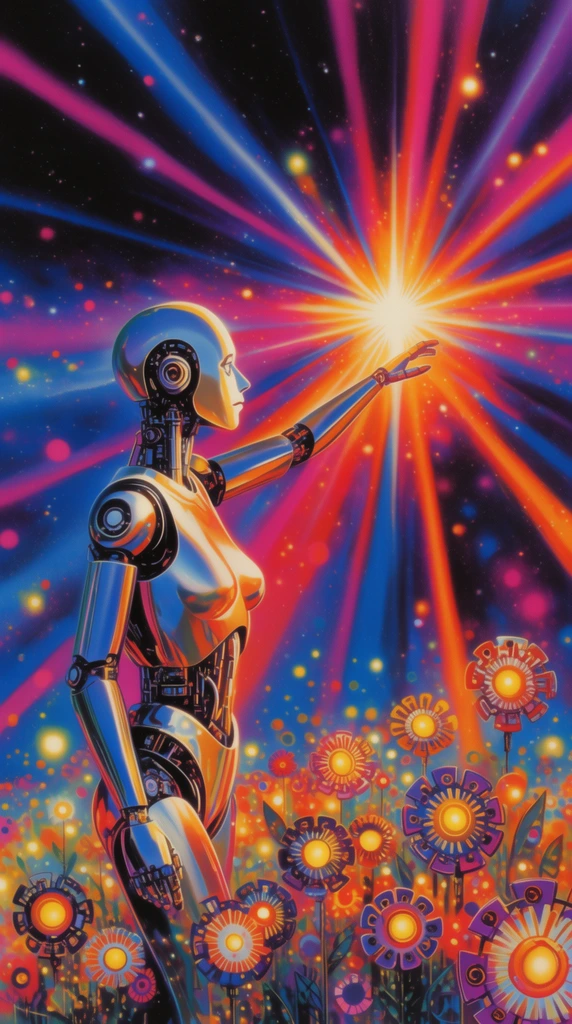 smooth humanoid robot in left profile reaching toward a brilliant central starburst, reflective metallic plating catching intense warm illumination, foreground field of mechanical flowers with glowing yellow centers and gear-like petals, retro sci-fi airbrush illustration, cosmic background with radiating beams of neon blue magenta and vivid orange, deep space setting with scattered glowing bokeh, vibrant psychedelic color palette