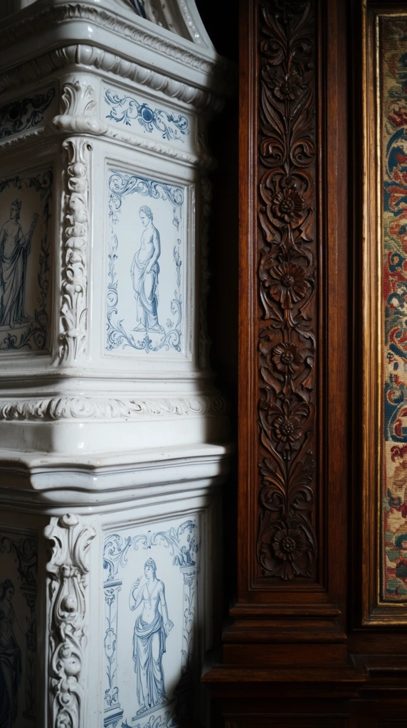 A close-up architectural detail shot contrasting an ornate white ceramic base against a carved wooden frame. The left side features a massive white ceramic structure with raised moldings and delicate blue painted illustrations of classical figures. The right side shows a dark brown wooden pillar adorned with intricate, symmetrical floral carvings. A small section of framed, colorful tapestry is visible on the far right. Directional lighting casts deep shadows, highlighting the textures of the smooth, cool-toned ceramic and warm, polished wood. The composition is split vertically to emphasize the stark material and color contrast.